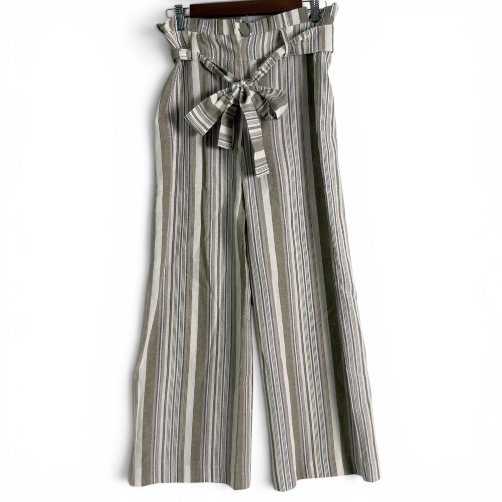 NWT Karlie Paperbag Waist Wide Leg Pants Sage Stripe Cotton Linen Blend Medium